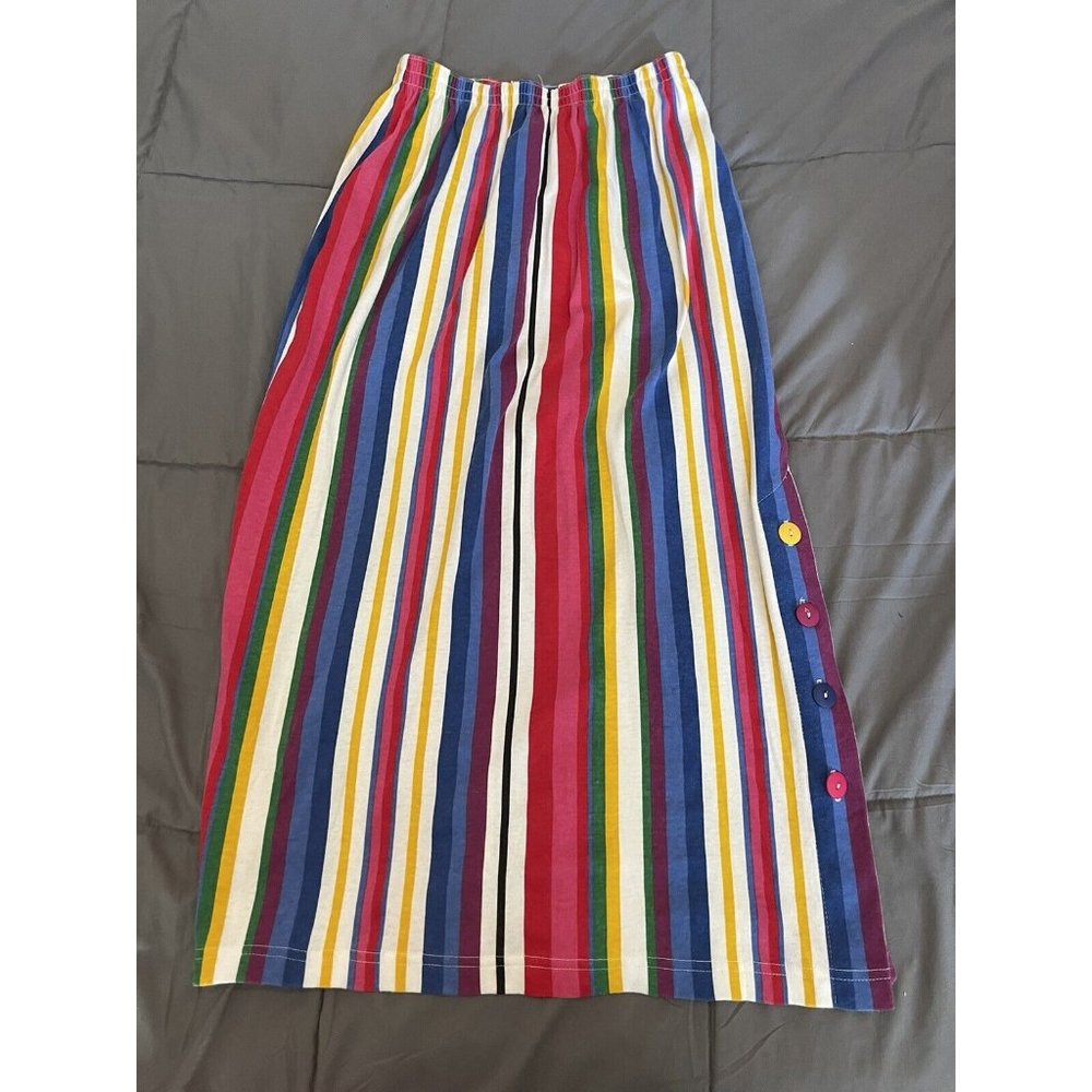 Vintage 80s Limited Edition Units Colored Stripes Button Accent Maxi Skirt Sz 2